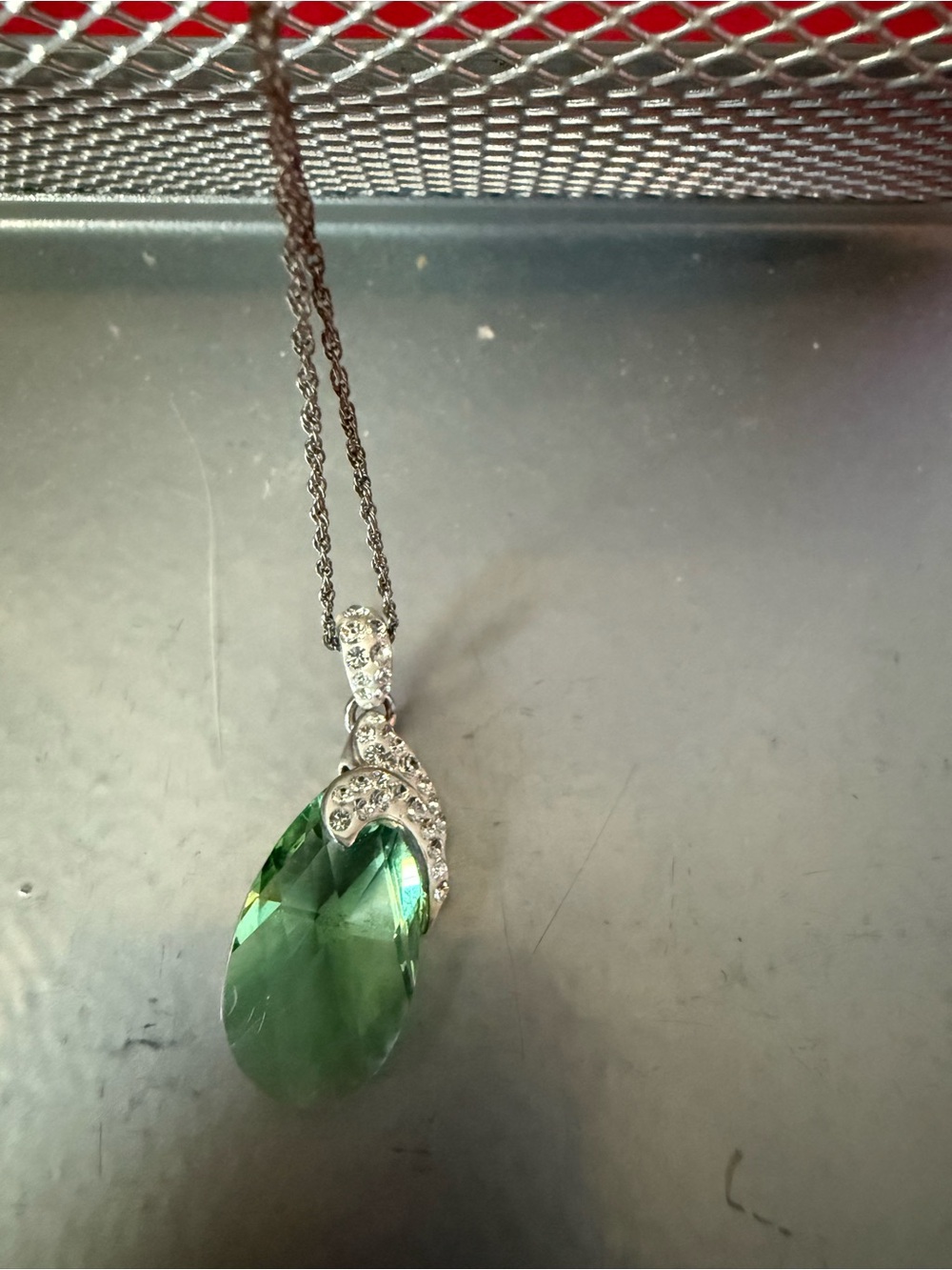 Green Teardrop Crystal Pendant Necklace with Silver Accents